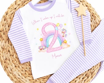 Personalised Unicorn Birthday Pyjamas for Girls, Custom Name Kids PJs, Unicorn Sleepwear, Birthday Nightwear