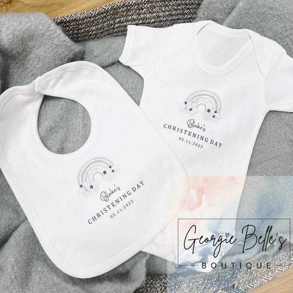 Baby boys blue rainbow christening outfit, Personalised christening / baptism / naming day gifts for baby boys, bib, sleepsuit,