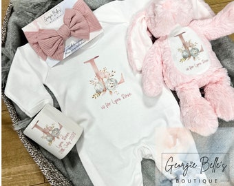 Personalised gifts for new baby girl, personalised floral babygrow, baby girl gift set, Christmas gift for baby girl, bunny, headband