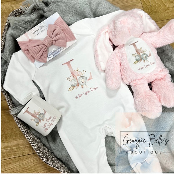 Personalised gifts for new baby girl, personalised floral babygrow, baby girl gift set, Christmas gift for baby girl, bunny, headband