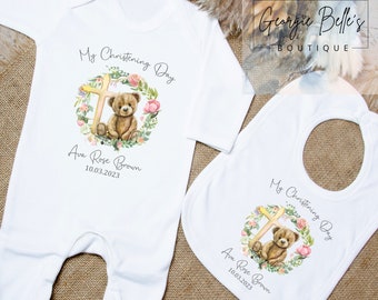 Baby girls christening outfit, Personalised christening / baptism / naming day gifts for baby girl, bib, sleepsuit, vest, personalised teddy