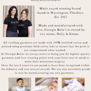 May include: Image features the Georgie Belle's brand logo and text, "Making Milestones Magical." It includes photos of the founders and examples of baby clothing. The text highlights the brand's origin, awards, and commitment to quality, using 100% certified cotton.