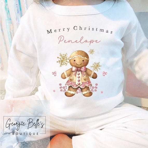 Kids Christmas pjs, childrens Xmas pjs, Gingerbread pjs, personalised Christmas pyjamas, girls pink Christmas pjs, baby Christmas pjs