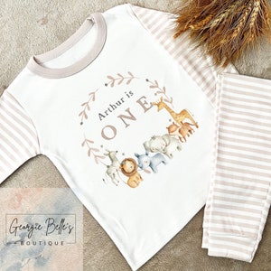 Personalised Beige safari themed birthday pjs for boys, when I wake up I’ll be one / two / three,Nude first birthday pjs, birthday eve,