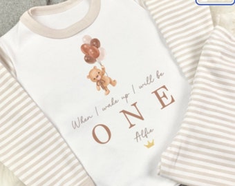 Teddy bear first birthday, when I wake up I’ll be…one / two / three, I am 1 / 2 / 3, birthday eve, first / second, third birthday outfit