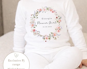Pijamas para niña de las flores, ropa de dormir para dama de honor, dama de honor joven, niña de las flores pequeña, pijamas cortos rosa oscuro para niña de las flores, fiesta nupcial