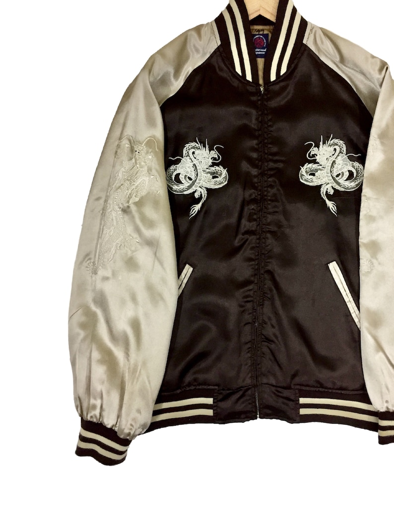 Sukajan Satin Vintage Rare Dragon Embroidered Japanese Souvenir Jacket Dark Brown Satin Sukajan Vintage Bomber Jacket Size Large