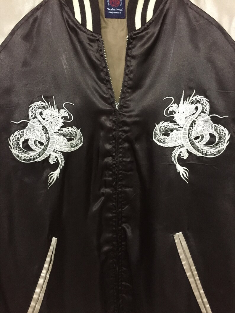 Sukajan Satin Vintage Rare Dragon Embroidered Japanese Souvenir Jacket Dark Brown Satin Sukajan Vintage Bomber Jacket Size Large