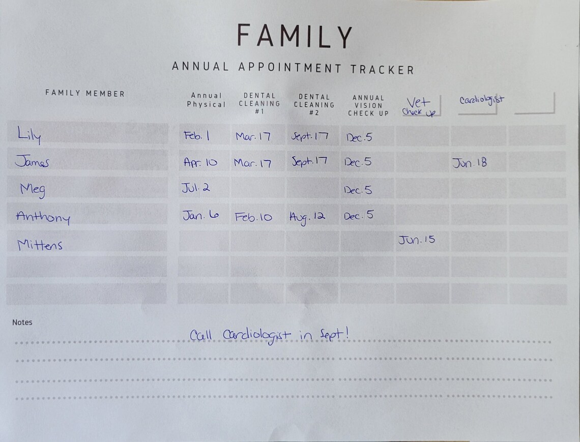 Simple Family Annual Appointment Tracker Etsy
