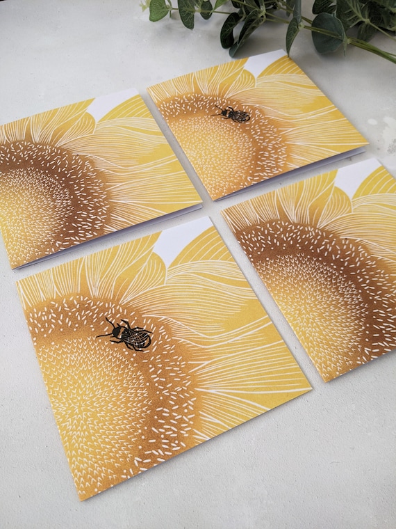 Sunflower and Bee Greetings Cards, Note Card Pack, Pack of 4 Cards