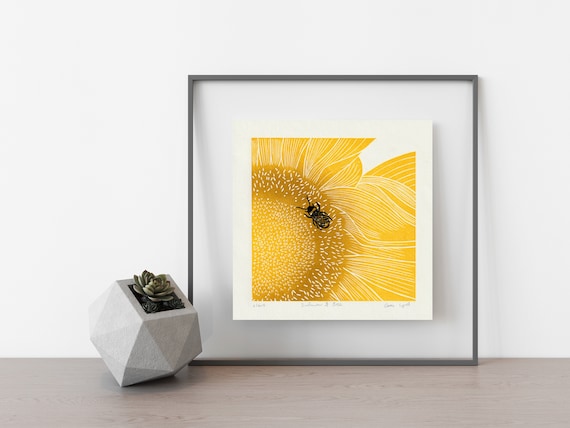 Sunflower and Bee Linocut Print, Sunflower Botanical Art Print, Hand Carved Limited Edition Print.
