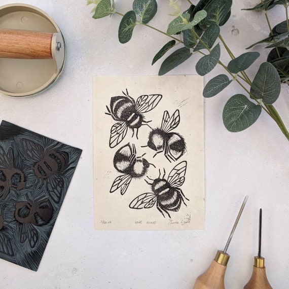 Bee Linocut Print, Bumblebee Print, Limited Edition Original Bee Art