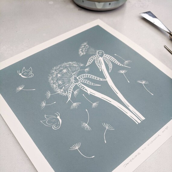 Dandelions and Moths Original Limited Edition Linocut Print - Botanical Art Print - Nature Lover Gift
