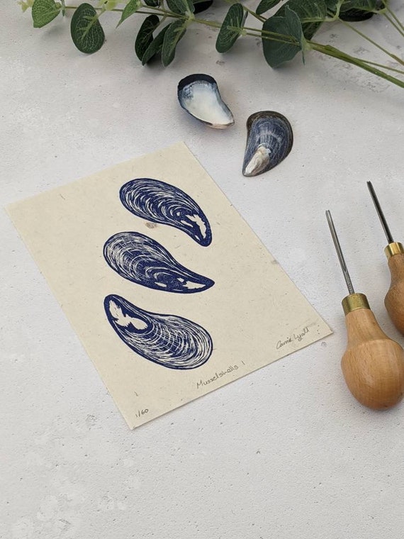 Mussel Shell Linocut Print, Seashell Print, Wall Decor, Limited Edition Linocut Print