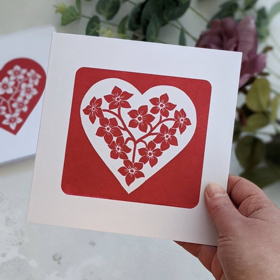 Forget Me Not Heart Valentine Card, White Heart with Red Flowers