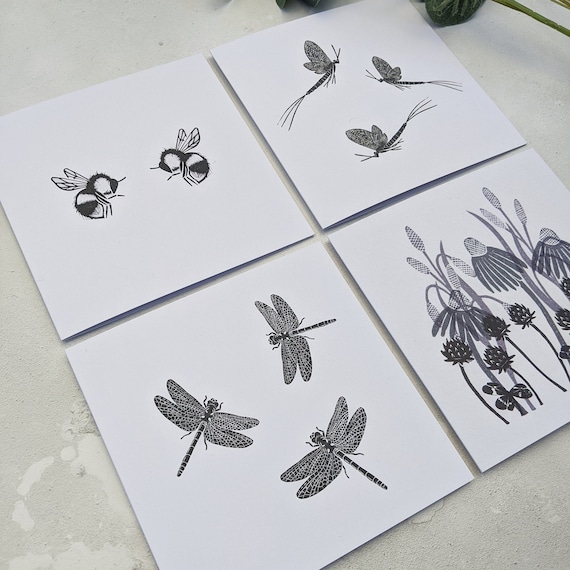Insect and Meadow Flower Cards, Pack of 4 Greetings Cards, Note Cards