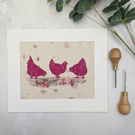 Quirky Chicken Linocut Print, Farmhouse Chicken Wall Art, Kitchen Decor, Chicken Lovers Gift