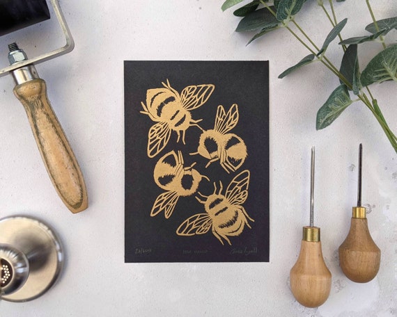 Gold Bee Linocut Print, Bumblebee Print, Gold and Black Bee Art