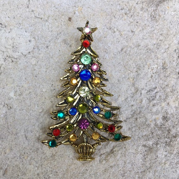 Book Piece Gold Tone Hollycraft Christmas Tree Pin Brooch Fruit Salad
