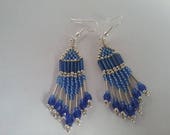 Silver Blue Earrings, Fringe Earrings, Native American Style, Brick Stitch earrings, Hand stitched, Dangle Earrings, Seed Bead Earrings