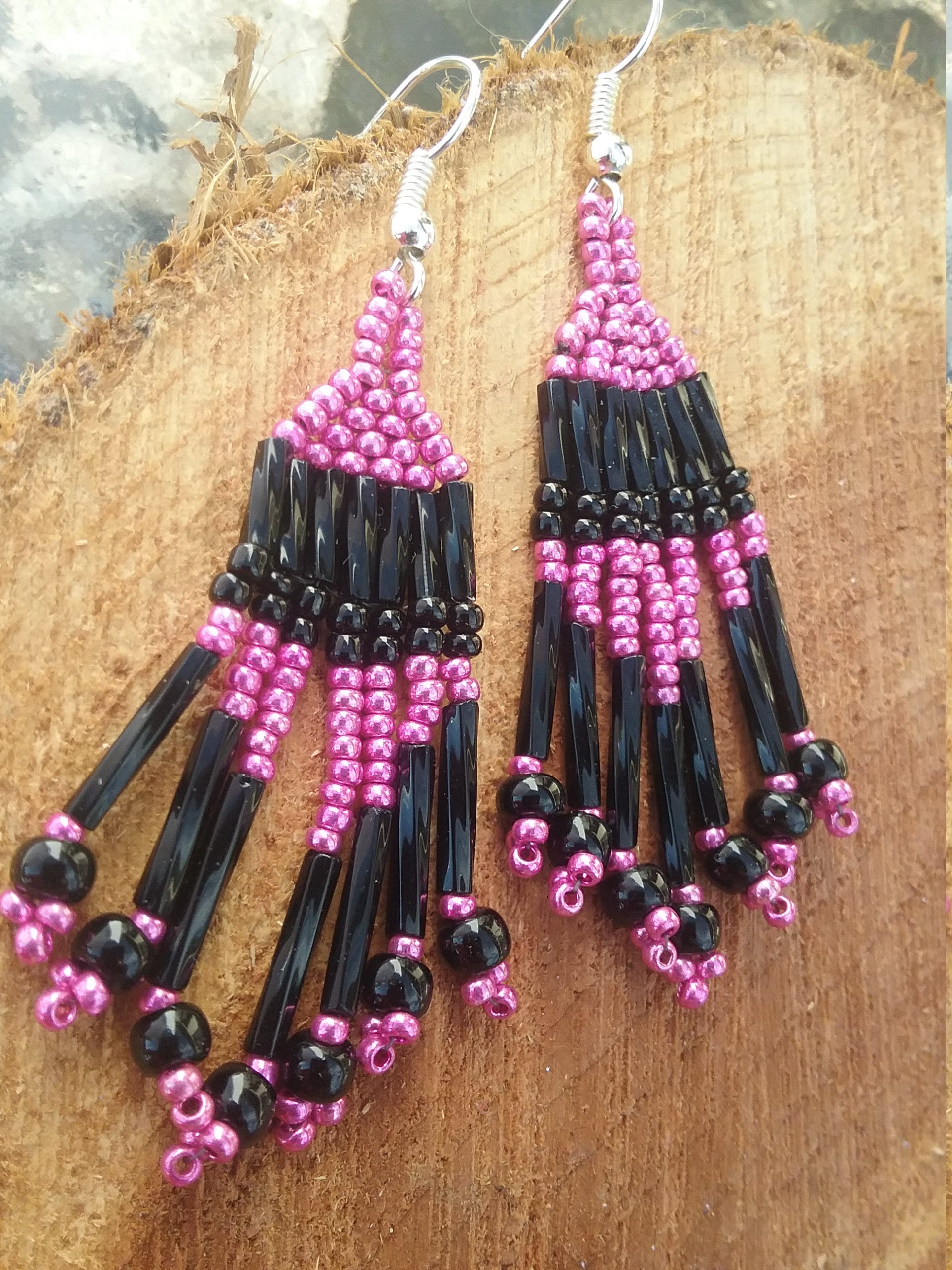 pink white and black hand beaded fringed earrings