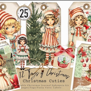 12 Tags de Noël, Cuties de Noël, Cottage Christmas, Tags, Cartes, Éphémères, Junk Journal, Cadeau de Noël, souvenir, DIY Noël