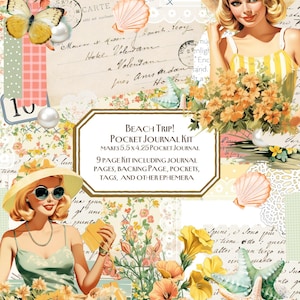 Könnte beinhalten: Ein Collage-Design mit Vintage-Illustrationen und Ephemera. Im Mittelpunkt steht ein "Beach Trip! Pocket Journal Kit" mit einer Größe von 14 x 10.8 cm. Enthält Bilder von Frauen, Blumen, Muscheln und Schmetterlingen sowie handschriftlichen Text.