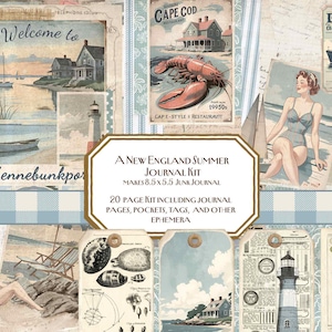 Kit de diario vintage de verano de Nueva Inglaterra, diario basura, costa, Cape Cod, faro, mar, playa, verano, desgastado, langosta, etiqueta, costa este