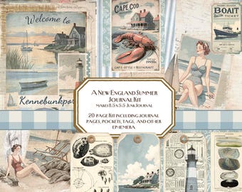 A New England Summer Vintage Journal Kit, Junk Journal, Coastal, Cape Cod, Lighthouse, Sea, Beach, Summer, Shabby, Lobster, tag, East Coast