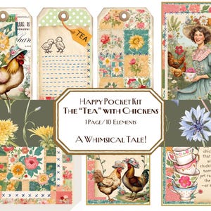 Kit de pochette « Thé » avec poules heureuses, collage, étiquettes de carnets, journal indésirable, étiquette, cartes, éphémères, poulet fantaisiste, thé shabby chic, bricolage