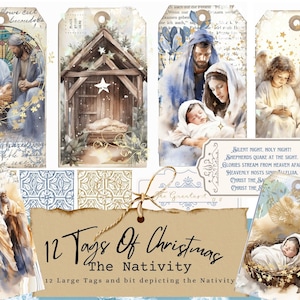 12 Etiquetas de Natal, A Natividade, Natal Cottage, Etiquetas Surradas, Cartões, Ephemera, Diário de Lixo, Presente de Natal, lembrança, Natal DIY