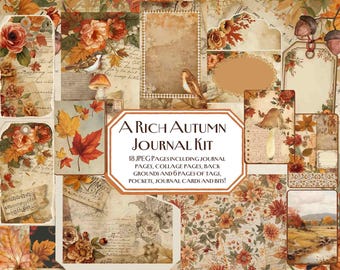 May include: A collection of autumn-themed journal kit elements. The design includes floral patterns, fall leaves, birds, and vintage paper textures. The text reads "A Rich Autumn Journal Kit" with details about the contents.