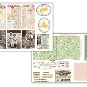 May include: A set of vintage-style printable scrapbook paper and ephemera with a floral theme. The paper features a green background with white flowers and a pink polka dot pattern. The ephemera includes tags, labels, and tickets with text such as "43 Flowers 30", "Blossom Bloom Spring", "Happy Moments", "Love Grows Here", and "Admit One".