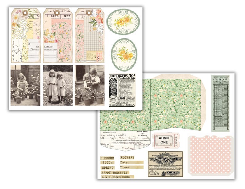 May include: A set of vintage-style printable scrapbook paper and ephemera with a floral theme. The paper features a green background with white flowers and a pink polka dot pattern. The ephemera includes tags, labels, and tickets with text such as "43 Flowers 30", "Blossom Bloom Spring", "Happy Moments", "Love Grows Here", and "Admit One".