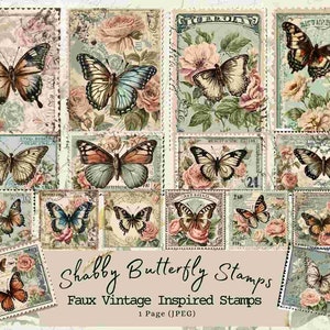 Shabby Butterfly Stempels, Faux postzegels, Vintage, Dagboek, Junk Journal, Tags, Kaarten, Ephemera, Afdrukbare stempel, Lente, Bloemen, Moederdag