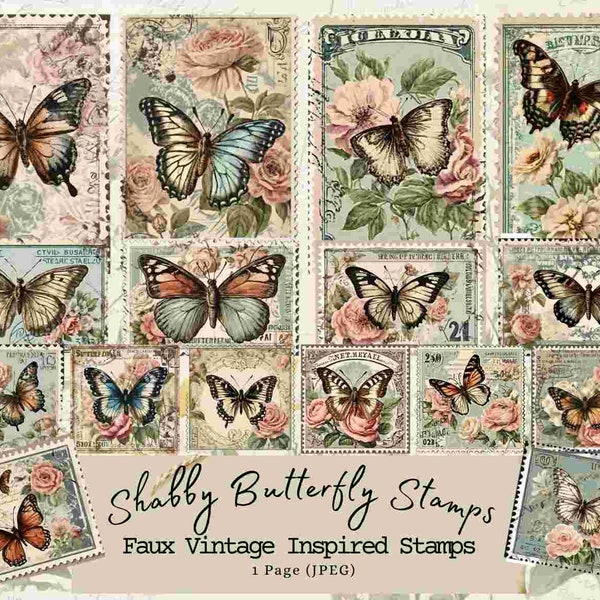Shabby Butterfly Stamps, Faux stamps, Vintage, Journal, Junk Journal, Tags, Cards, Ephemera, Printable Stamp, Spring, Floral, Mothers Day