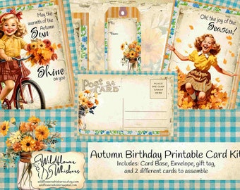 Autumn Birthday printable card kit, Birthday Greeting Card, Autumn Journal,  Fall Birthday, Gift for her, Gigt tags, Printable Card set,