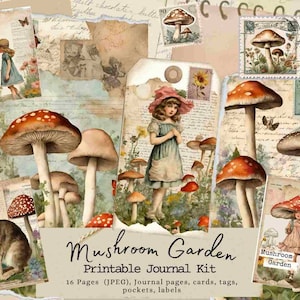 Kit de diário de jardim de cogumelos, jardim para impressão, diário de jardim, diário de lixo, coisas efêmeras de jardim, etiquetas de flores, etiquetas de jardim, primavera, cogumelo,