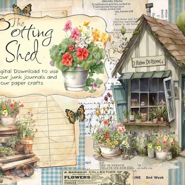 The Potting Shed Digital Journal Kit, Printable Garden, GArden Journal, Junk Journal, Garden Ephemera, Flower Tags, Garden Tags, Digital