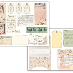 May include: A digital paper pack with a vintage floral theme. The pack includes various elements such as tags, tickets, and journal cards with floral patterns, text, and borders. The text includes "Garden", "Flowers", "Seeds", "Market", "Eggs 50/Doz", "Guest Check", "Admit One", "Bloom Where You Are Planted", and "Bill of Lading".