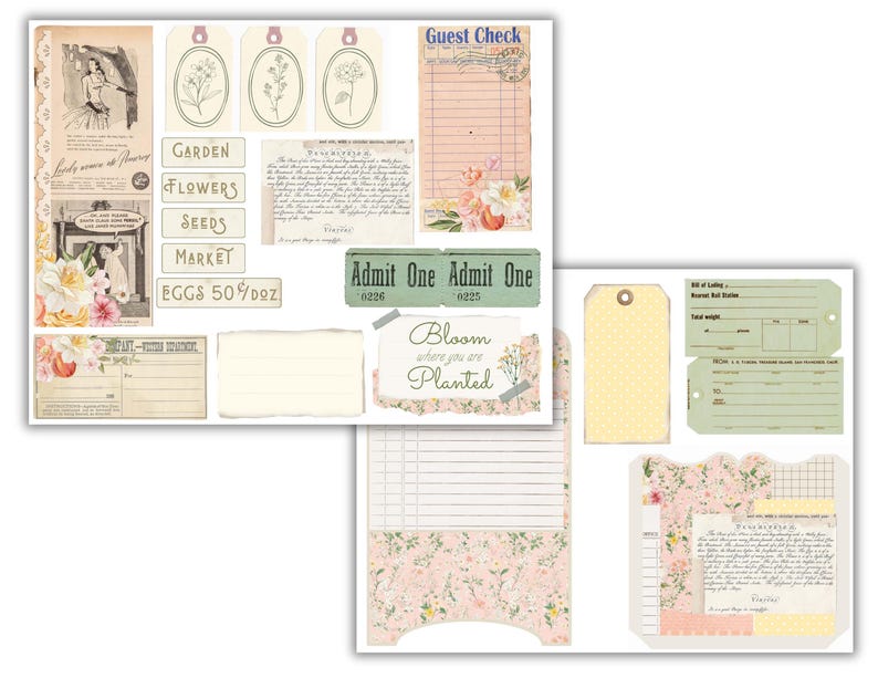 May include: A digital paper pack with a vintage floral theme. The pack includes various elements such as tags, tickets, and journal cards with floral patterns, text, and borders. The text includes "Garden", "Flowers", "Seeds", "Market", "Eggs 50/Doz", "Guest Check", "Admit One", "Bloom Where You Are Planted", and "Bill of Lading".