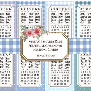 Vintage Shabby Blue Perpetual Calendar Journal Cards, Journal, Junk Journal, Tagi, Karty, Ephemera, Kalendarz do druku, Wiosenny pamiętnik, Kwiatowy