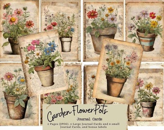 Garden Flowerpots Journal Card Set, Vintage Garden, Journal, Junk Journal, Tags, Cards, Ephemera, Printable, Spring, Floral, Mothers Day