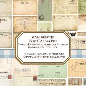May include: A selection of vintage postcards and ephemera, including stamps and bits, displayed on a cream backdrop. The text reads "STASH BUILDER: POST CARDS & BITS" and "10 PAGE KIT INCLUDING 44 POSTCARDS AND SMALL BITS OF EPHEMERA & STAMPS".