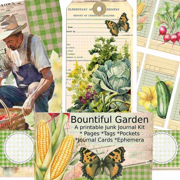 Bountiful Garden, Garden Journal, Junk Journal, Harvest, Tags, Postcard,  Ephemera, Journal, Fall Ephemera, Journal Cards, Vegetable Journal