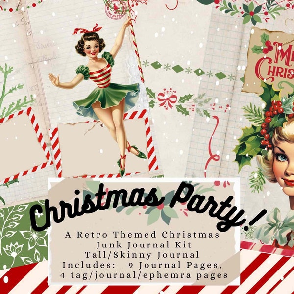 Christmas Party Retro Journal, TN Journal, Festive Christmas, Purse Junk Journal, Holly, Tags, Journal Cards, Shopping, Tall Skinny, Pocket