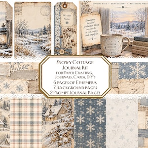 Pode incluir: Um kit de diário Snowy Cottage com efêmeras, fundos e páginas de sugestões com paisagens de inverno, padrões xadrez, flocos de neve e texto incluindo "Winter Notes", "A Quieter Kind of Joy" e "Snowy Cottage Journal Kit".