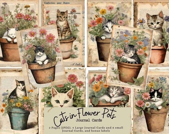 Ensemble de cartes pour le journal Chats dans des pots de fleurs, jardin vintage, journal, journal indésirable, étiquettes, cartes, éphémères, imprimable, printemps, floral, fête des mères