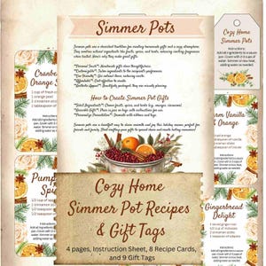 以下が含まれることがあります： Cozy Home シマーポットレシピ＆ギフトタグの印刷可能なセット。4ページ、レシピカード8枚、ギフトタグ9枚が含まれています。このセットには、クランベリーオレンジ、パンプキン スパイス、ウォーム バニラ オレンジ、ジンジャーブレッド デライトなど、さまざまなシマーポットレシピが掲載されています。この印刷可能なセットは、手作りギフトを作成し、ご自宅に居心地の良い雰囲気を加えるのに最適です。