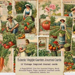 Ensemble éclectique de cartes de journal de jardin végétarien, Amérique vintage, journal intime, journal indésirable, étiquettes, cartes, éphémères, récolte d'été, floral, jardin